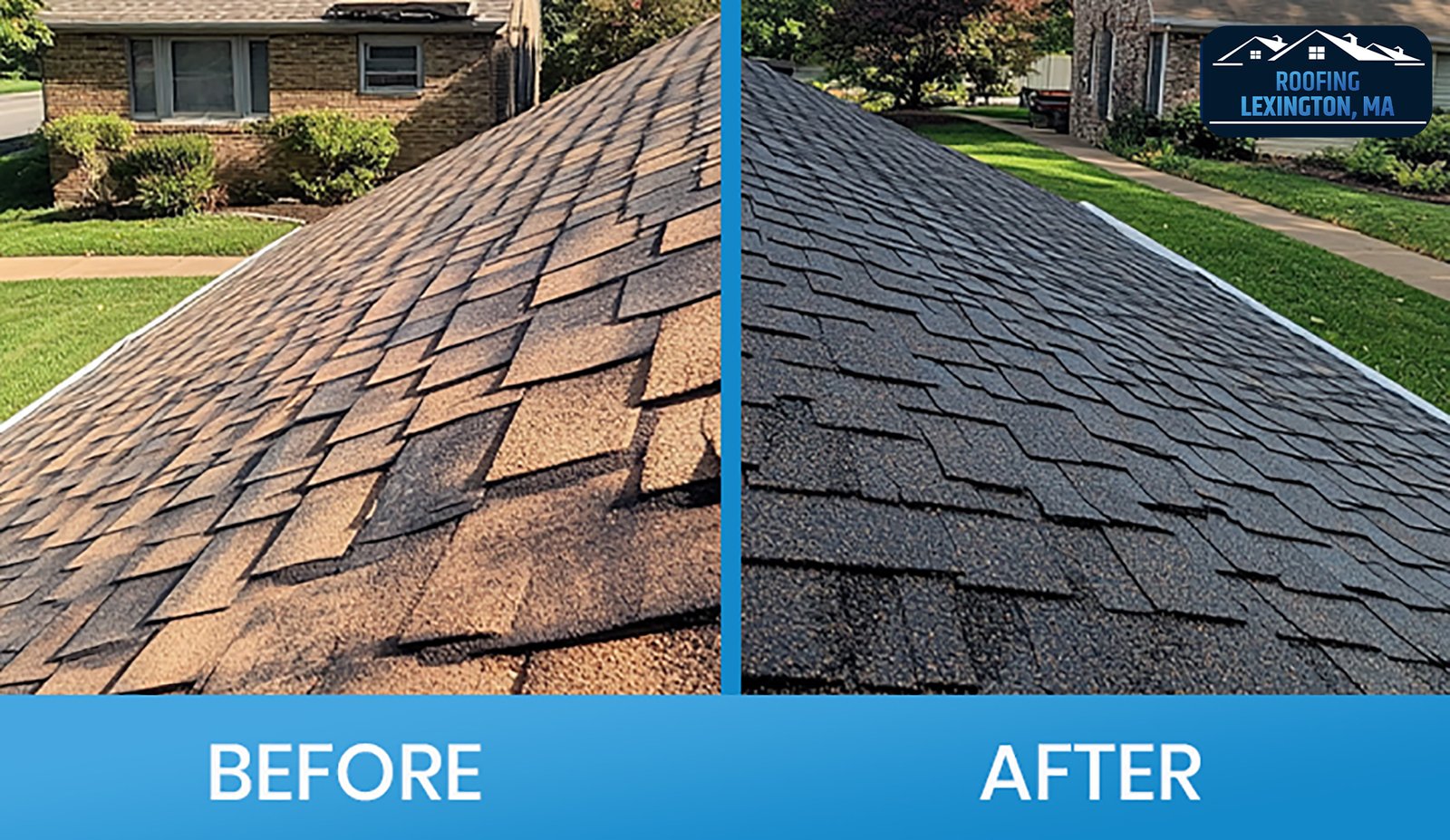 Before and after roof shingles repair in Lexington MA.