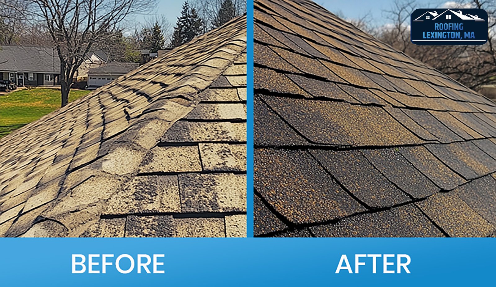 Before and after damaged roof restoration